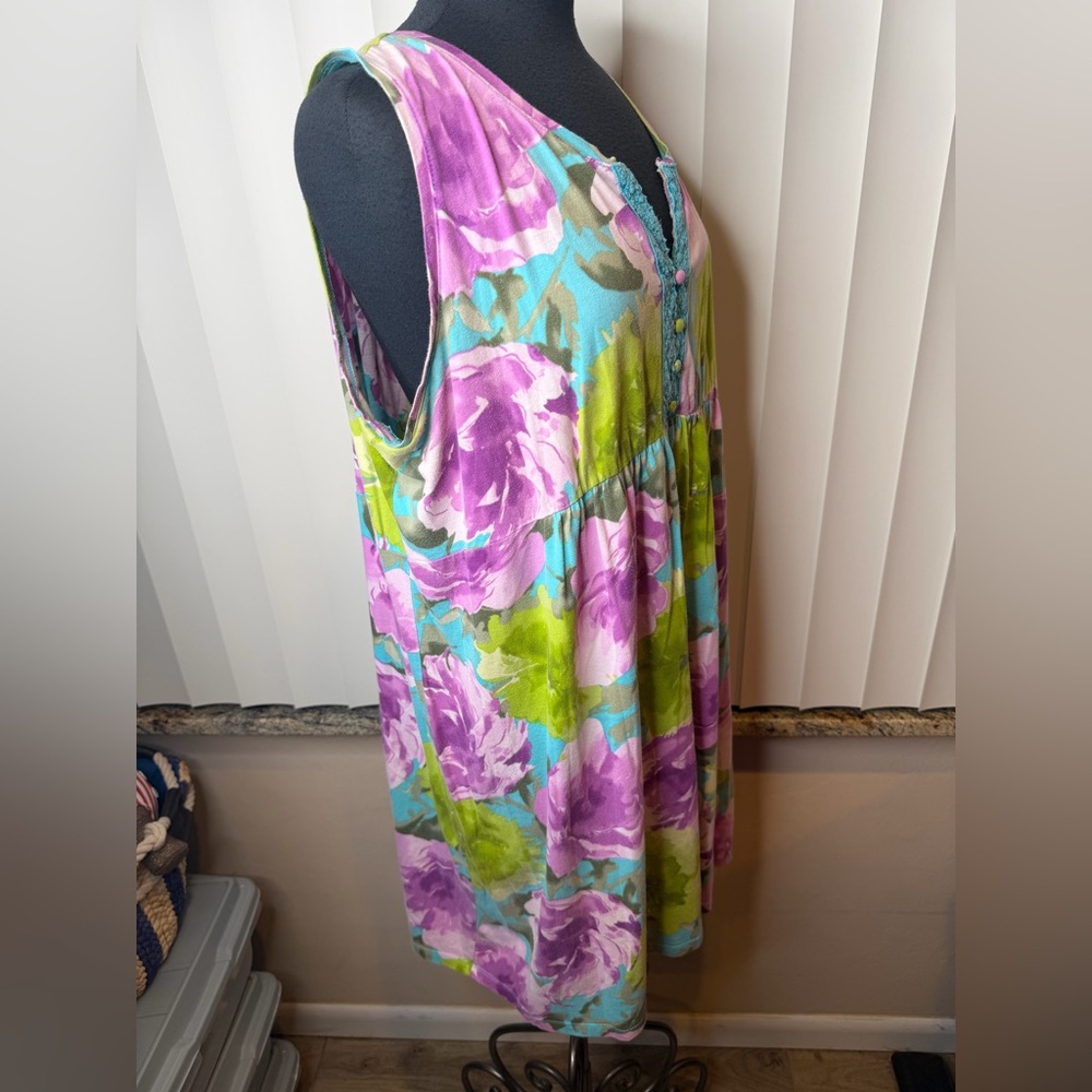 Caribbean Joe Floral Sleeveless Dress Blue Embroidered Neckline Accents Size 1X - Picture 3 of 7